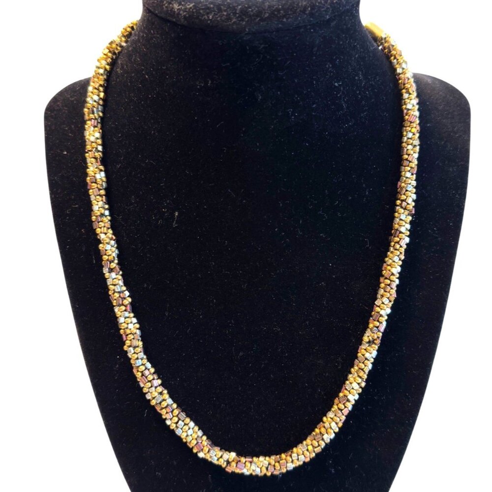 Vintage Seed Necklace Crochet Style Copper Silver Brass Plated Toggle Close 19”